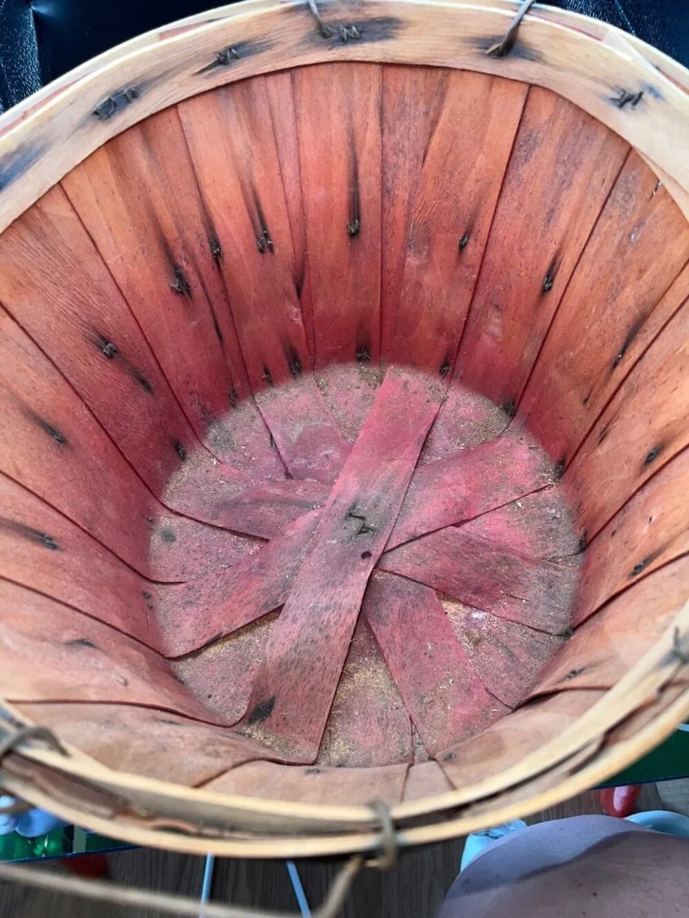 Vintage Wooden Bushel Basket Metal Handles Primitive Slat construction Country